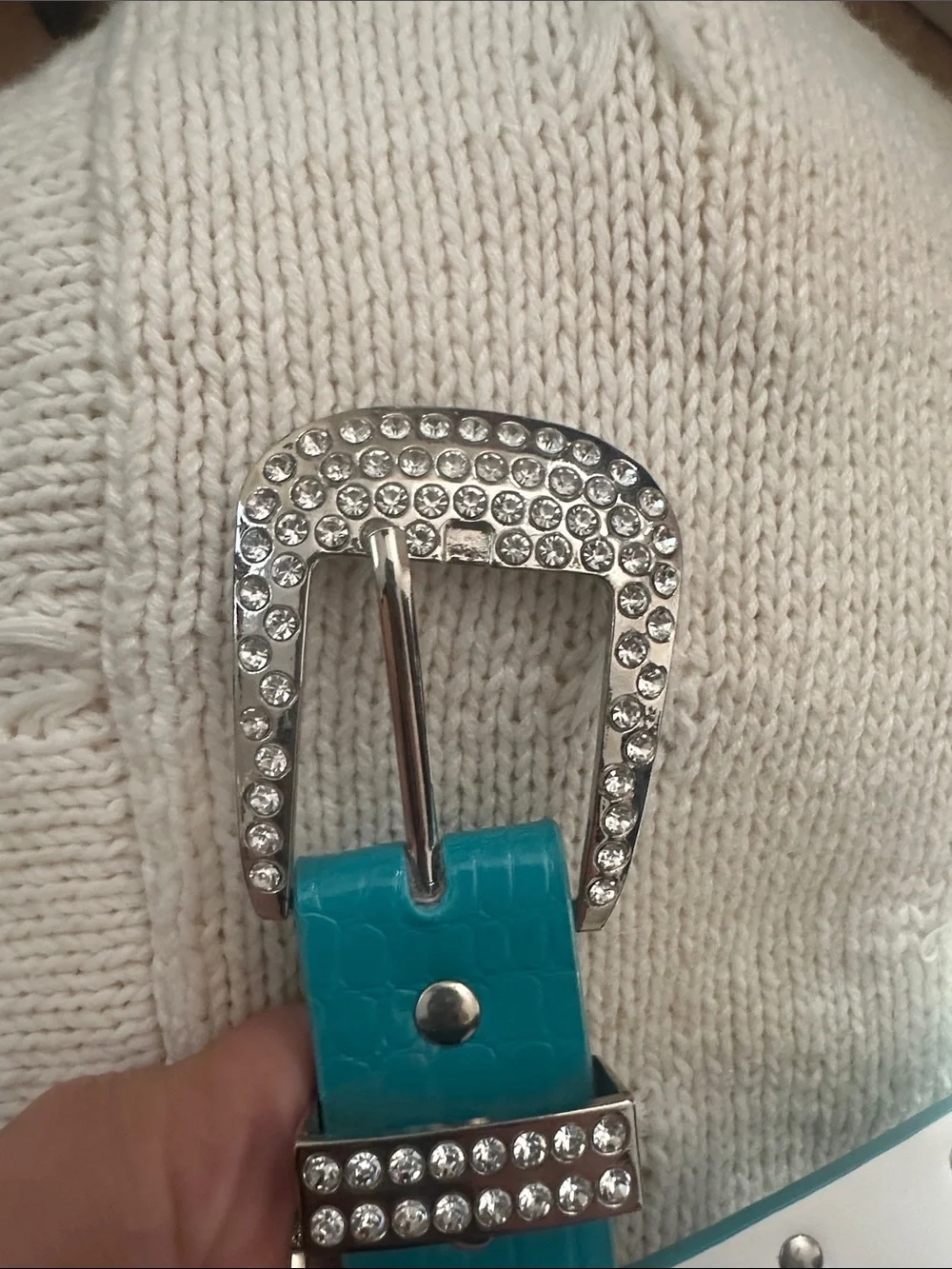 Women’s Belt Teal Rhinestone Croc Embossed Western Bling Crystal Faux Leather